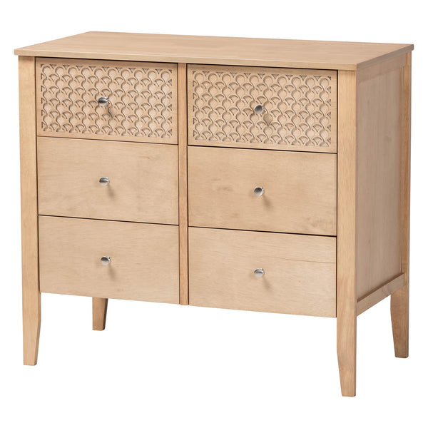 Baxton Studio Baxton Studio Lara Six Drawer Rubberwood Dresser with Geometric Laser Cut Overlay Detail Oak Brown Lara-Natural Wood-Dresser