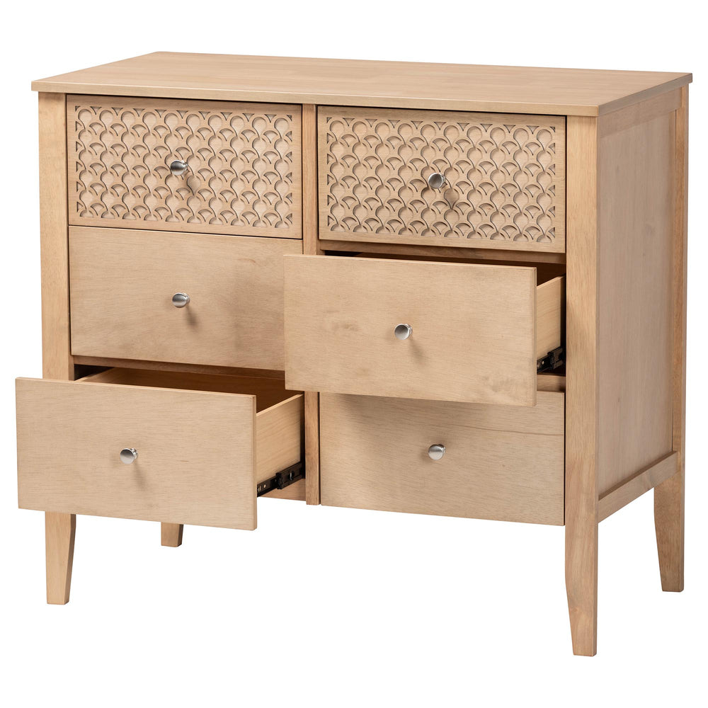 Baxton Studio Baxton Studio Lara Six Drawer Rubberwood Dresser with Geometric Laser Cut Overlay Detail Oak Brown Lara-Natural Wood-Dresser