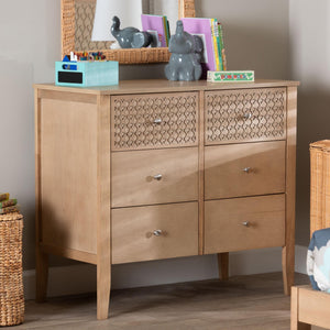 Baxton Studio Lara Six Drawer Rubberwood Dresser with Geometric Laser Cut Overlay Detail
