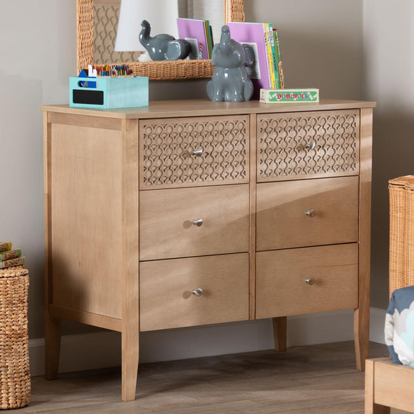 Baxton Studio Lara Six Drawer Rubberwood Dresser with Geometric Laser Cut Overlay Detail