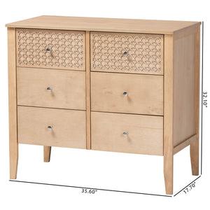 Baxton Studio Lara Six Drawer Rubberwood Dresser with Geometric Laser Cut Overlay Detail