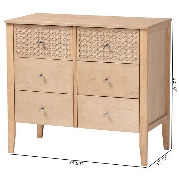 Baxton Studio Lara Six Drawer Rubberwood Dresser with Geometric Laser Cut Overlay Detail