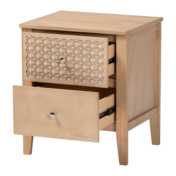 Baxton Studio Lara Rubberwood Nightstand Geometric Laser Cut Two Drawer Modern Bedside Table