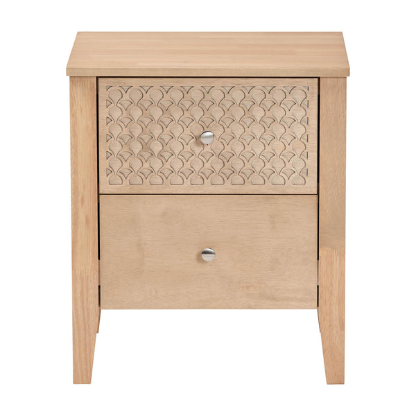 Baxton Studio Lara Rubberwood Nightstand Geometric Laser Cut Two Drawer Modern Bedside Table