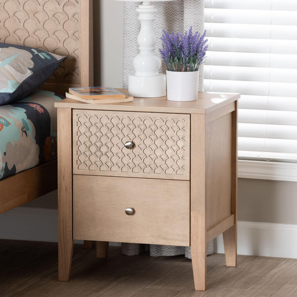 Baxton Studio Lara Rubberwood Nightstand Geometric Laser Cut Two Drawer Modern Bedside Table