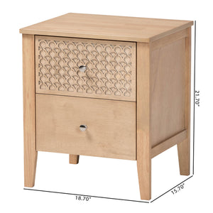 Baxton Studio Lara Rubberwood Nightstand Geometric Laser Cut Two Drawer Modern Bedside Table