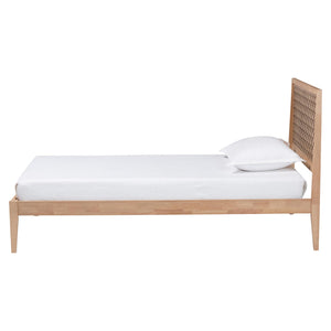 Baxton Studio Lara Rubberwood Platform Bed Geometric Headboard Coastal Modern Bedroom Frame