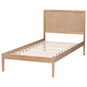 Baxton Studio Lara Rubberwood Platform Bed Geometric Headboard Coastal Modern Bedroom Frame