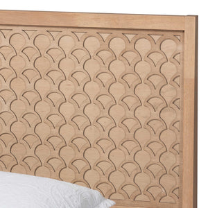 Baxton Studio Lara Rubberwood Platform Bed Geometric Headboard Coastal Modern Bedroom Frame