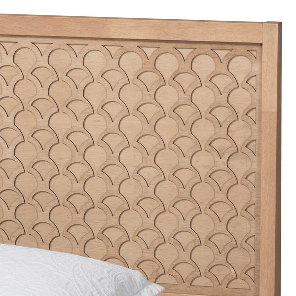 Baxton Studio Lara Rubberwood Platform Bed Geometric Headboard Coastal Modern Bedroom Frame