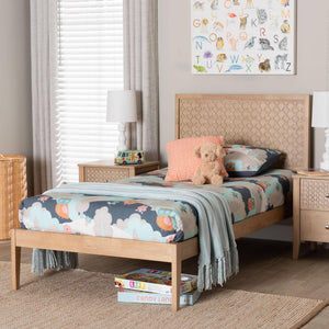 Baxton Studio Lara Rubberwood Platform Bed Geometric Headboard Coastal Modern Bedroom Frame