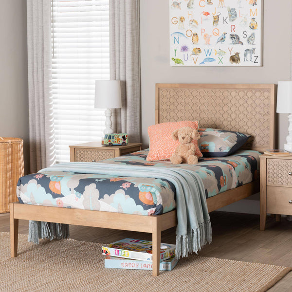 Baxton Studio Lara Rubberwood Platform Bed Geometric Headboard Coastal Modern Bedroom Frame
