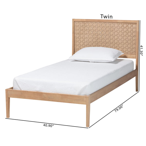 Baxton Studio Lara Rubberwood Platform Bed Geometric Headboard Coastal Modern Bedroom Frame