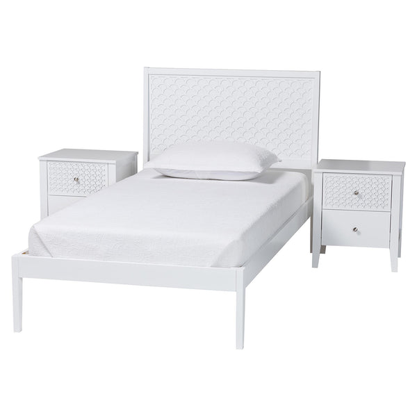Baxton Studio Lara Twin Bedroom Set Rubberwood Platform Bed Laser Cut Geometric Headboard