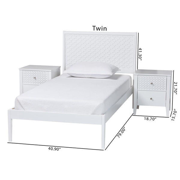 Baxton Studio Lara Twin Bedroom Set Rubberwood Platform Bed Laser Cut Geometric Headboard