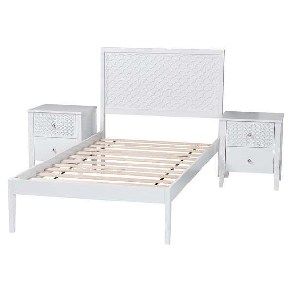 Baxton Studio Lara Twin Bedroom Set Rubberwood Platform Bed Laser Cut Geometric Headboard