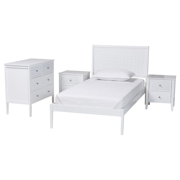 Baxton Studio Lara Twin Bedroom Set Rubberwood Platform Bed Laser Cut Geometric Headboard