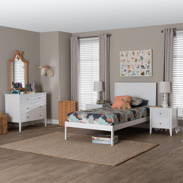 Baxton Studio Lara Twin Bedroom Set Rubberwood Platform Bed Laser Cut Geometric Headboard