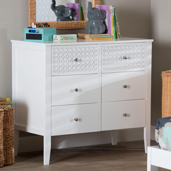Baxton Studio Lara Six Drawer Rubberwood Dresser with Geometric Laser Cut Overlay Detail