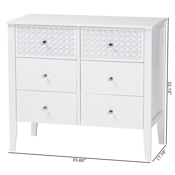 Baxton Studio Lara Six Drawer Rubberwood Dresser with Geometric Laser Cut Overlay Detail