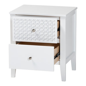 Baxton Studio Lara Rubberwood Nightstand Geometric Laser Cut Two Drawer Modern Bedside Table