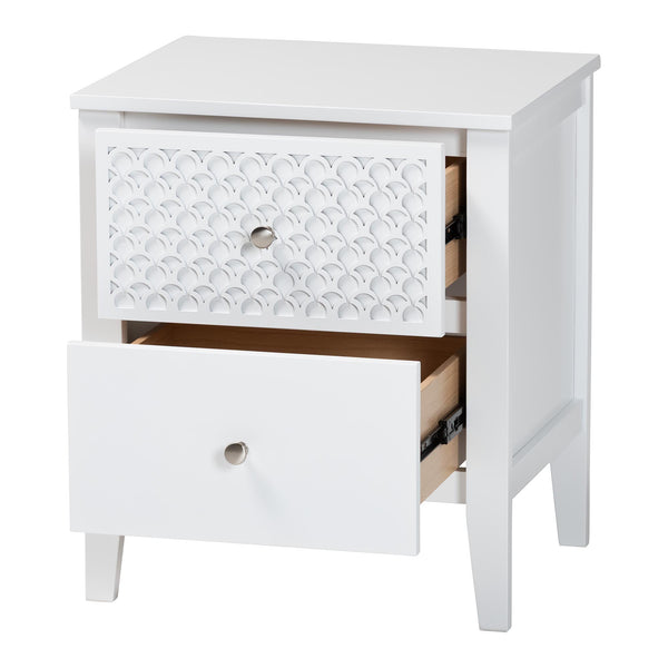 Baxton Studio Lara Rubberwood Nightstand Geometric Laser Cut Two Drawer Modern Bedside Table