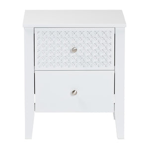 Baxton Studio Lara Rubberwood Nightstand Geometric Laser Cut Two Drawer Modern Bedside Table