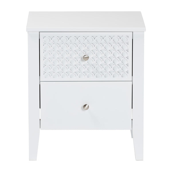 Baxton Studio Lara Rubberwood Nightstand Geometric Laser Cut Two Drawer Modern Bedside Table