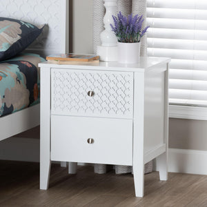 Baxton Studio Lara Rubberwood Nightstand Geometric Laser Cut Two Drawer Modern Bedside Table