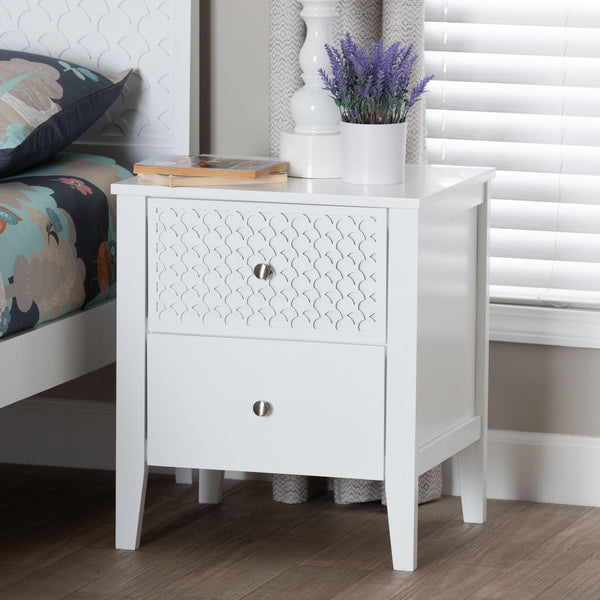 Baxton Studio Lara Rubberwood Nightstand Geometric Laser Cut Two Drawer Modern Bedside Table