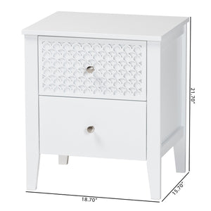 Baxton Studio Lara Rubberwood Nightstand Geometric Laser Cut Two Drawer Modern Bedside Table