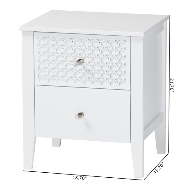 Baxton Studio Lara Rubberwood Nightstand Geometric Laser Cut Two Drawer Modern Bedside Table