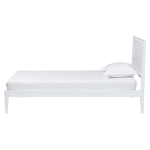 Baxton Studio Lara Rubberwood Platform Bed Geometric Headboard Coastal Modern Bedroom Frame