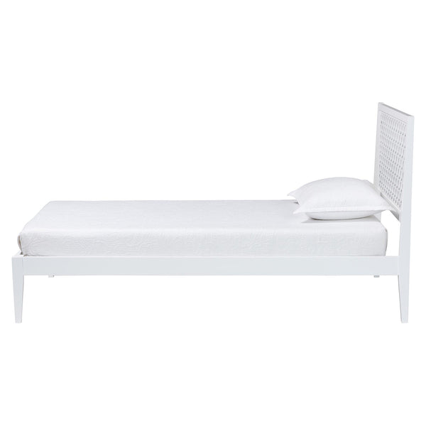 Baxton Studio Lara Rubberwood Platform Bed Geometric Headboard Coastal Modern Bedroom Frame