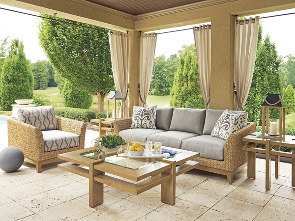 Lexington Tommy Bahama Outdoor 3930-947 Square Cocktail Table - Elegant Transitional Design With Textured Aluminum And Glass Top Light Brown Wood 3930-947