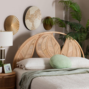 Bali & Pari Lifen Handwoven Rattan Headboard with Botanical Leaf Panel for Bedroom Decor