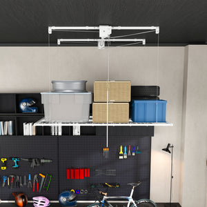 White Steel Overhead Garage Storage Rack with Crank Lift and Auto Safety Lock