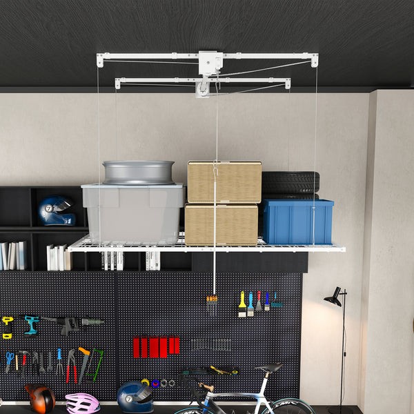 White Steel Overhead Garage Storage Rack with Crank Lift and Auto Safety Lock
