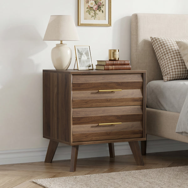 Walnut-Colored Two Drawer Nightstand with Pine Legs and Metal Hardware for Modern Bedrooms
