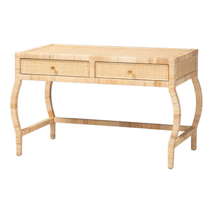 Baxton Studio Bali & Pari Dalida Handcrafted Rattan Writing Desk with Mahogany Frame Two Drawers Lina-Light Honey-Desk
