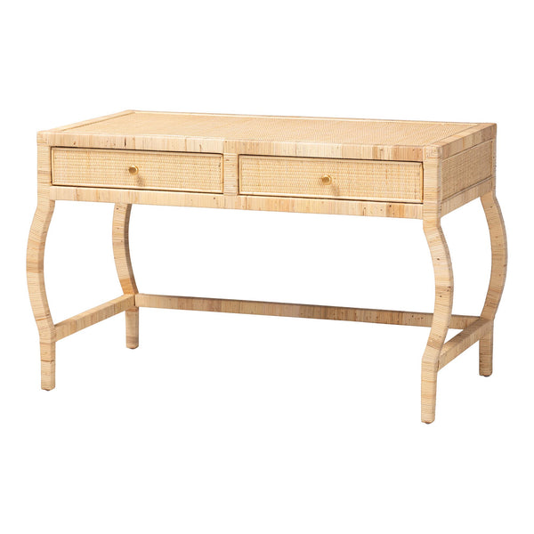 Baxton Studio Bali & Pari Dalida Handcrafted Rattan Writing Desk with Mahogany Frame Two Drawers Lina-Light Honey-Desk