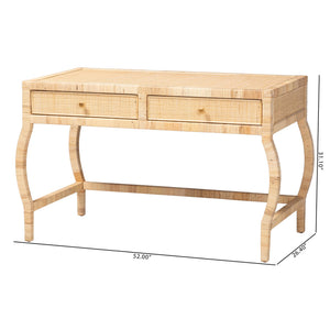 Bali & Pari Dalida Handcrafted Rattan Writing Desk with Mahogany Frame Two Drawers