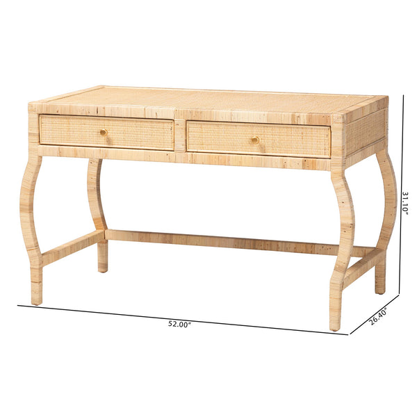 Bali & Pari Dalida Handcrafted Rattan Writing Desk with Mahogany Frame Two Drawers