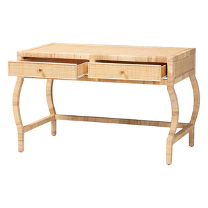 Bali & Pari Dalida Handcrafted Rattan Writing Desk with Mahogany Frame Two Drawers