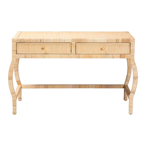 Bali & Pari Dalida Handcrafted Rattan Writing Desk with Mahogany Frame Two Drawers