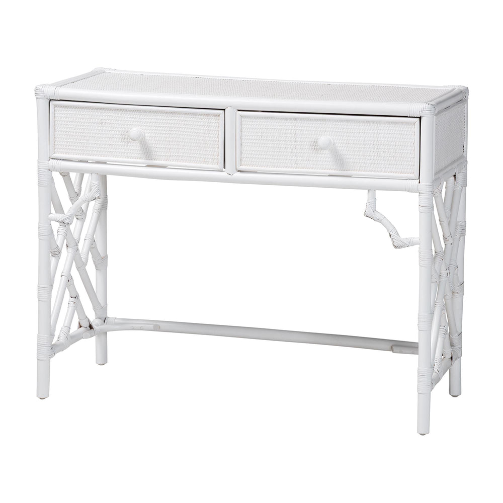 Baxton Studio Bali & Pari Lindie Handcrafted Rattan Home Office Desk with Two Storage Drawers Lindie-White-Desk