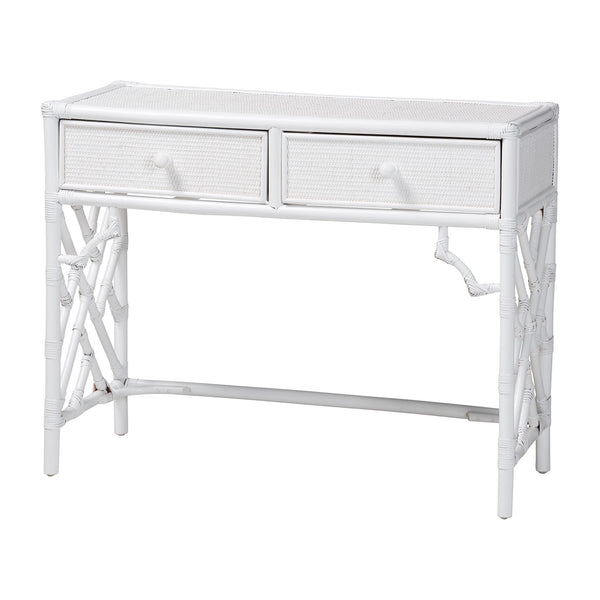 Baxton Studio Bali & Pari Lindie Handcrafted Rattan Home Office Desk with Two Storage Drawers Lindie-White-Desk