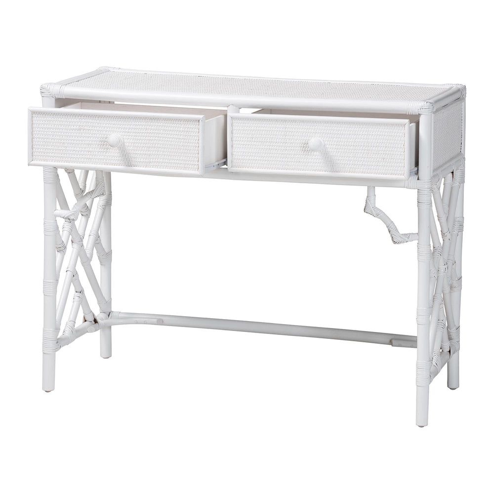 Baxton Studio Bali & Pari Lindie Handcrafted Rattan Home Office Desk with Two Storage Drawers Lindie-White-Desk