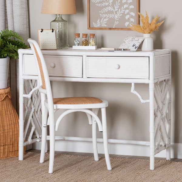 Bali & Pari Lindie Handcrafted Rattan Home Office Desk with Two Storage Drawers