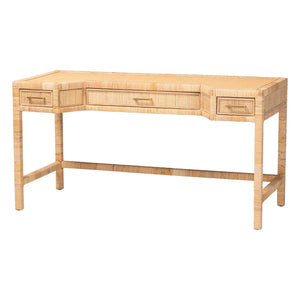 Baxton Studio Bali & Pari Kalimantan Rattan Writing Desk Handcrafted Mahogany Frame Three Drawers Lupe-Light Honey-Desk